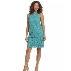 London Times aqua blue floral eyelet crochet sleeveless shift dress 4 petite NWT